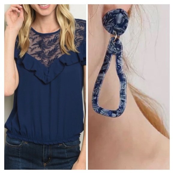 Tops - Blue lace top and earring bundle